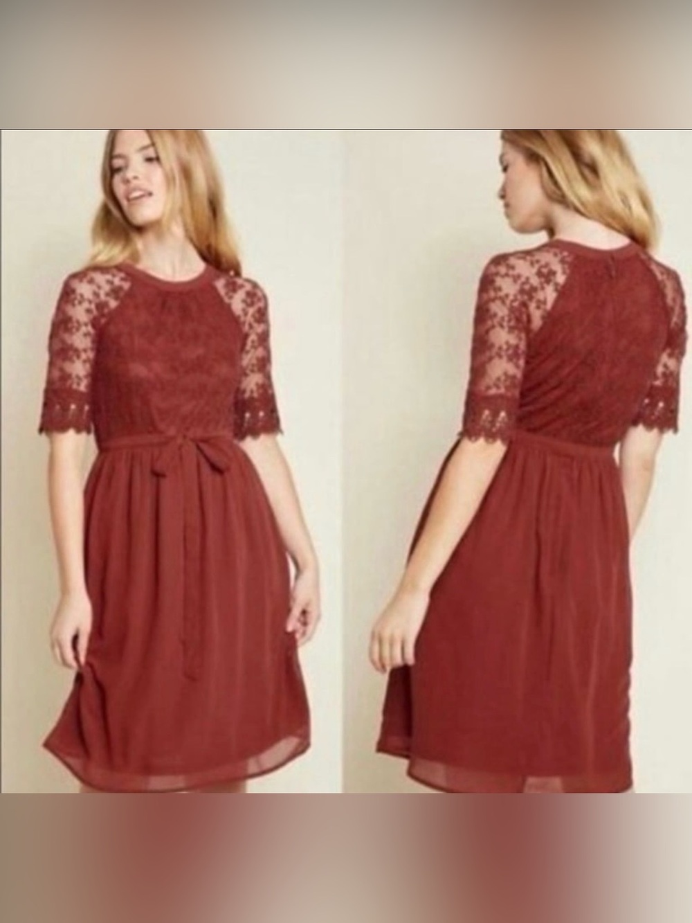 ModCloth women’s burgundy lace mini/midi knee length, A-line dress, size medium